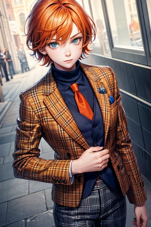 realistic drawing, girl disguised as a boy, orange hair, green eyes, blue blazer , turtleneck blouse, red tie, gray plaid pants.