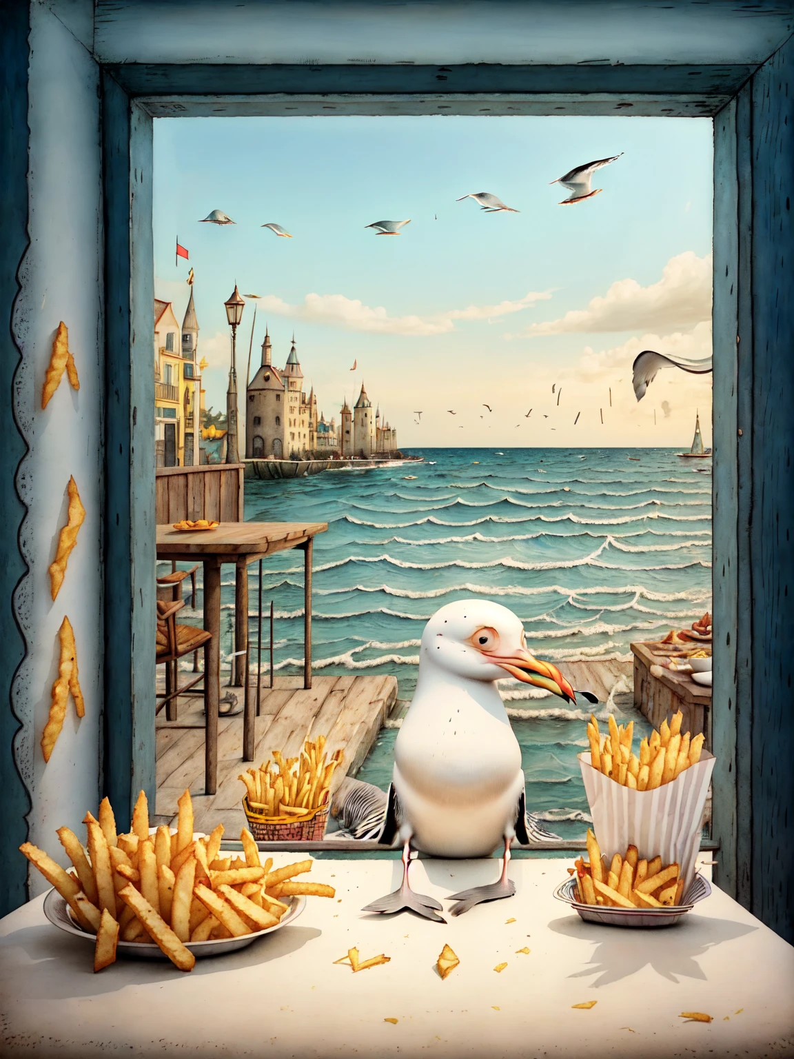 imagen centrada, plano general, cuento , escena de cuento infantil:1.4, ((A seagull eating French fries:1.3 en un restaurant bien definido y nitido:1.5)), idyllic, magical scene, hermosa restaurant con comensales, (mejor calidad, 4k, 8k, high resolution, Obra maestra:1.2), ultra detallado, (realista, photorealista, photo-realista:1.37), warm lighting, colores vibrantes, enfoque suave, dreamer, acogedor, adorable, lindo, caprichoso, Fancy, Encantador, sereno, peaceful, inocente, reconfortante, imaginativo