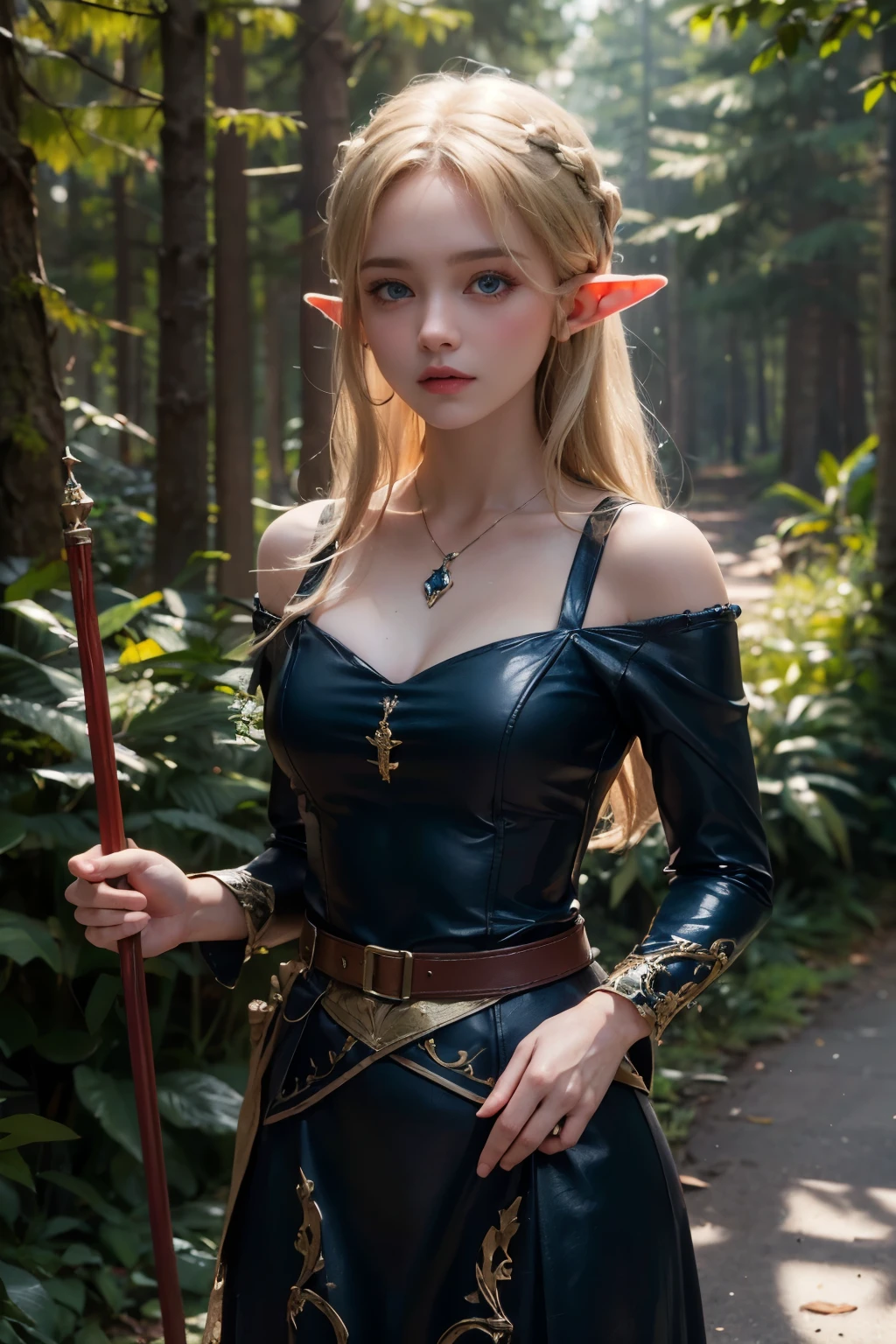 Elf,(8k, RAW Photos, highest quality, masterpiece:1.2),Super detailed,blonde,blue eyes,RPG,princess,battledress,moving,in forest