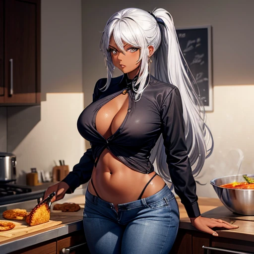 A dark-skinned woman with silver hair in a ponytail, wearing a black dress shirt and slim jeans, with a large penis growing out of her vagina, is frying curry bread Showing your belly button