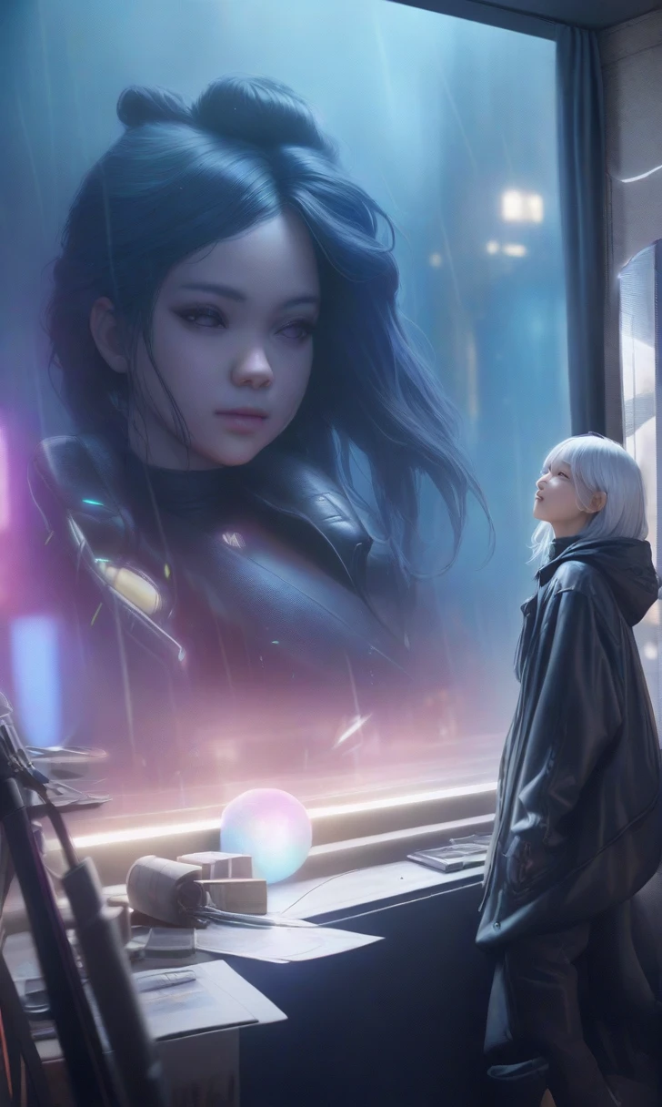 a beautiful young white-haired girl looking up at the sky, cyberpunk background, raining with glowing rain, ethereal, blurred background, (best quality,4k,8k,highres,masterpiece:1.2),ultra-detailed,(realistic,photorealistic,photo-realistic:1.37),HDR,UHD,studio lighting,ultra-fine painting,sharp focus,physically-based rendering,extreme detail description,professional,vivid colors,bokeh,cinematic lighting,dramatic atmosphere,glowing rain,rainy day,cyberpunk,futuristic,ethereal,dreamlike,mystical,serene,whimsical