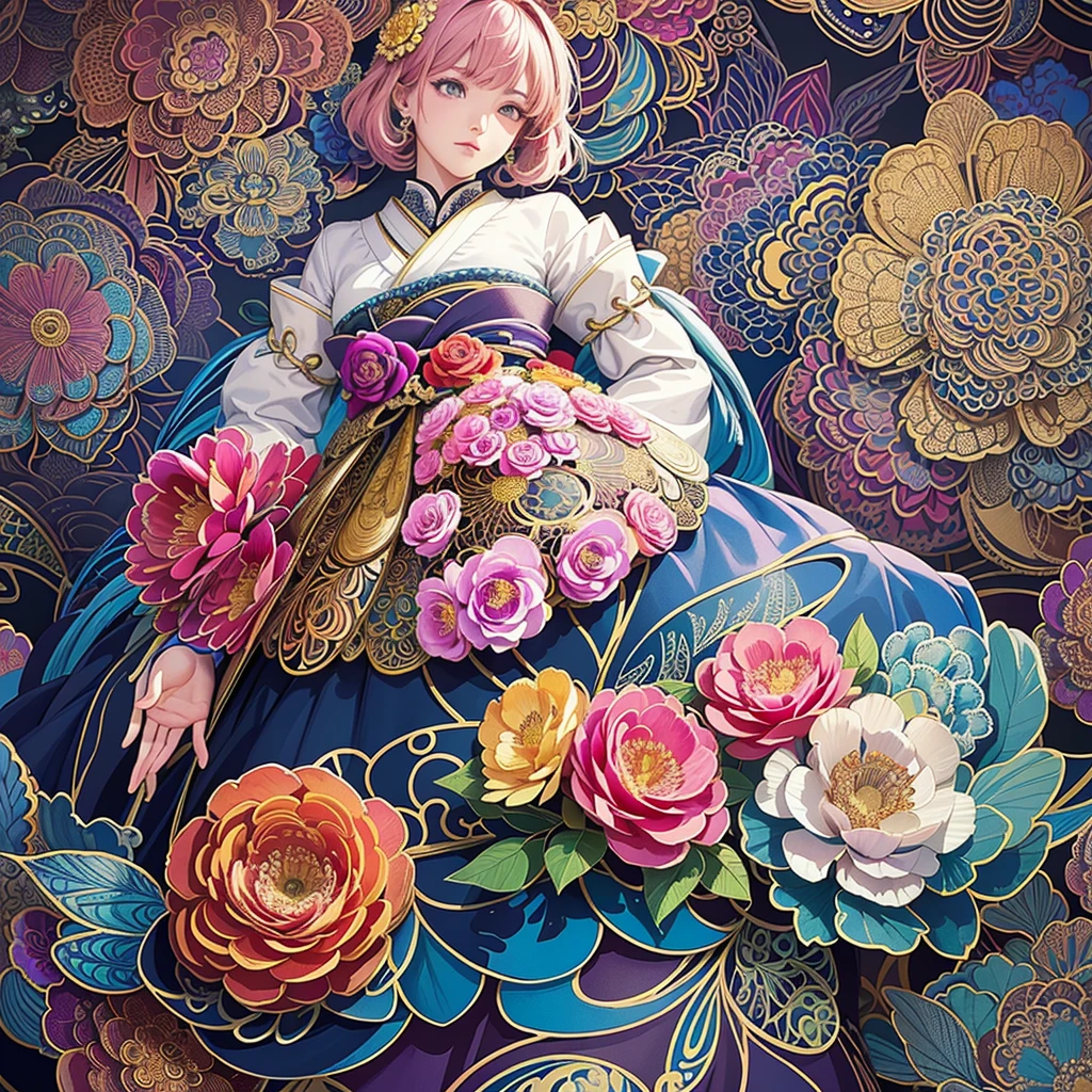 (​masterpiece、top-quality、top-quality、Official art、Beautifully Aesthetic:1.2)、A highly detailed、(Fractal Art:1.1)、(colourfull:1.1)(florals:1.6)、The most detailed、(Zentangle:1.2)、(Dynamic Poses)、(Abstract background:1.3)、(shinny skin)、(Many colors:0.8)、(pluma:0.9)、Taisho romance, pink hair, grey eyes, anime, japanese idol, young, JK