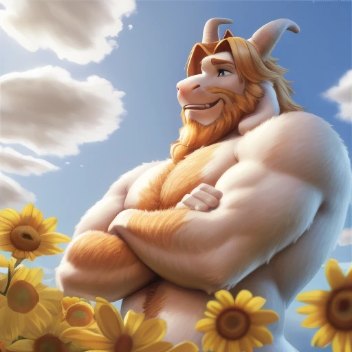 asgore, no clothes, no topwear, no bottomwear, nude, naked, hyper muscular, (soft shading), 4k, hi res, five fingers, detailed hands, ((detailed face, (detailed eyes:1.0), detailed)), (low angle view), by zackarry911, by zaush, (by personalami:0.5), male focus, no humans, flower field, flower, smile, crossed arms, well endowed, cum everywhere:1.40