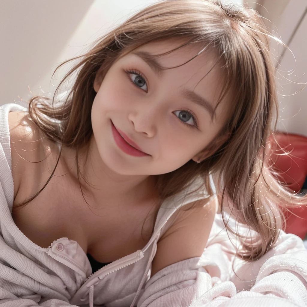Highest image quality、Live shooting、ultra high resolution、21 year old Korean、small breasts、dynamic angle、cowboy shot、the most beautiful form chaos、elegant、brutalist design、vivid colors、beautiful white hair、short bob、smile、smile、shiny white skin、Beautiful eyes with random colors、Beautiful eyes in every detail、elongated eyes、thin lips、pale pink blush、long eyelashes、beautiful double eyelids、eye shadow、bright room、Big hoodie、hot pants、Taken from diagonally above、sexy pose