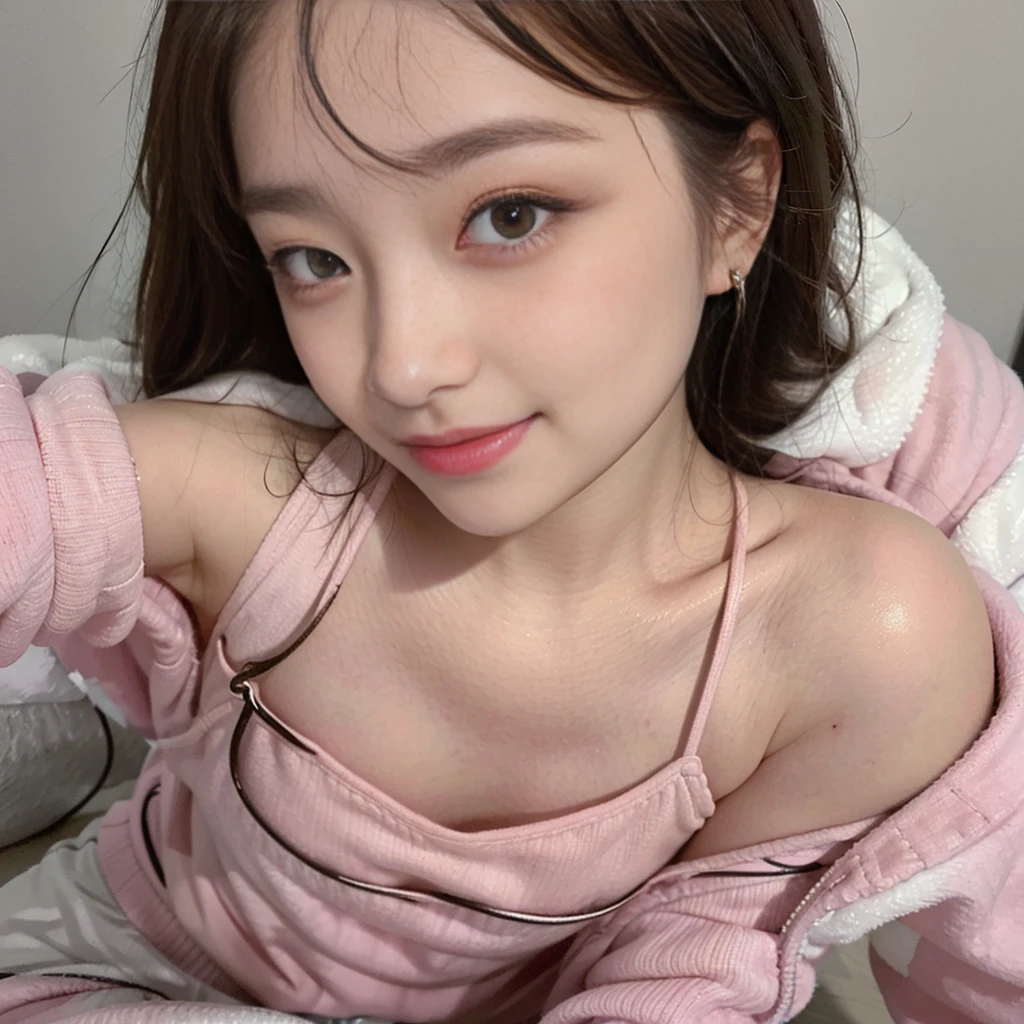 Highest image quality、Live shooting、ultra high resolution、21 year old Korean、small breasts、dynamic angle、cowboy shot、the most beautiful form chaos、elegant、brutalist design、vivid colors、beautiful white hair、short bob、smile、smile、shiny white skin、Beautiful eyes with random colors、Beautiful eyes in every detail、elongated eyes、thin lips、pale pink blush、long eyelashes、beautiful double eyelids、eye shadow、bright room、Big hoodie、hot pants、Taken from diagonally above、sexy pose