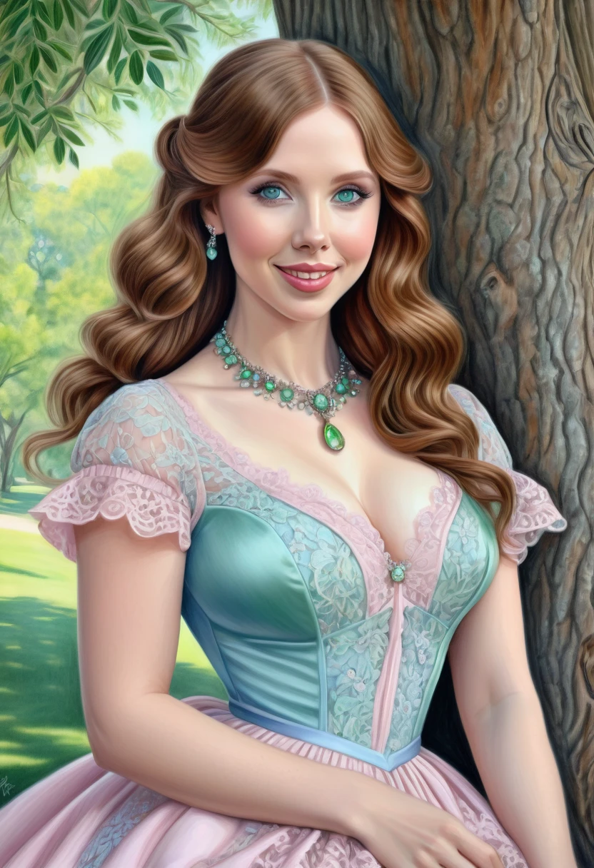 A colored pencil sketch of a beautiful victorian women who is a mash up of Molly Quinn, Scarlett Johanson and Alison Brie. Light Pink and Light blue dress. Green Eyes, Wide innocent smile, lace, jewels, large eyes, filligree. Pitch black hair. She is litting seductively under a live oak tree.