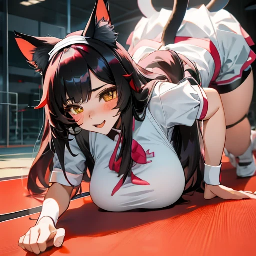 Taiwanese girl 18 years old with baby face and big breasts(((a lot of,Big boobs,Beauty))arafed asian woman wearing white shirt and black shorts lying on yoga mat,charming cat girl,Very beautiful and cute cat girl,Beautiful young cat girl,Anime Girls Cosplay,girl with cat ears,real life anime girls,animated cat girl,cat ears and tail, cat ears anime girl, korean girl, Ahri from League of Legends is a girl wearing a maid outfit,有著Big boobs,There are three women in maid costumes,Doing push-ups on mat in gym,charming depiction,Lively and dynamic,images full of energy
