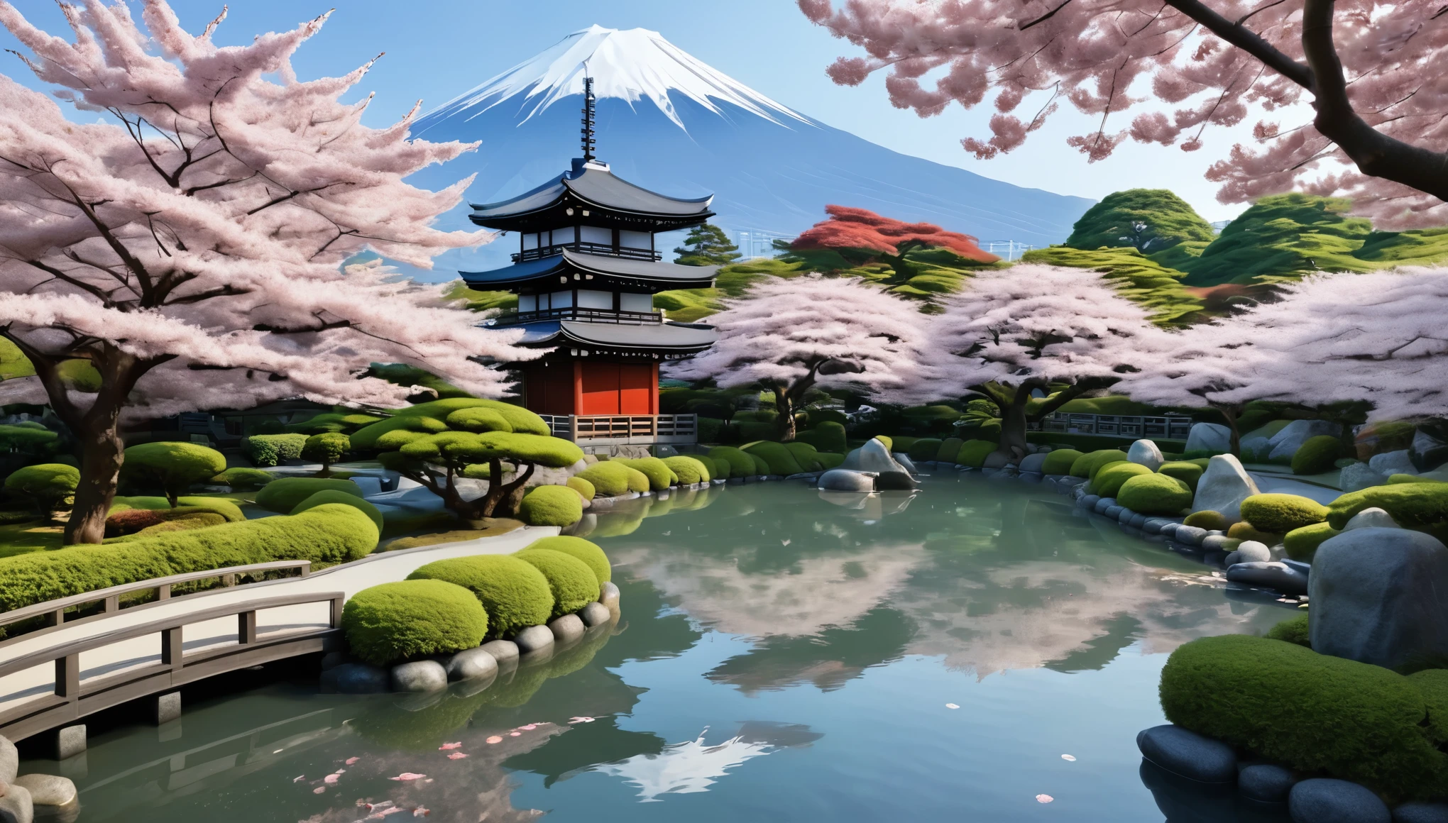 Create a serene and enchanting scene in the Yukio art style. Imagine a tranquil Japanese garden at twilight, where cherry blossom trees are in full bloom, their petals gently falling and creating a pink carpet on the ground. A winding stone path leads to a traditional tea house illuminated by soft lantern light, casting a warm, inviting glow. In the background, a majestic Mount Fuji rises, shrouded in mist, adding a sense of grandeur and tranquility. The garden features a koi pond with vividly colored fish swimming gracefully, their reflections rippling on the water's surface. The colors should be soft and harmonious, with delicate brushstrokes capturing the essence of nature's beauty and tranquility. The entire scene should evoke a sense of peace and timeless elegance, immersing viewers in the serene atmosphere of a traditional Japanese setting.
