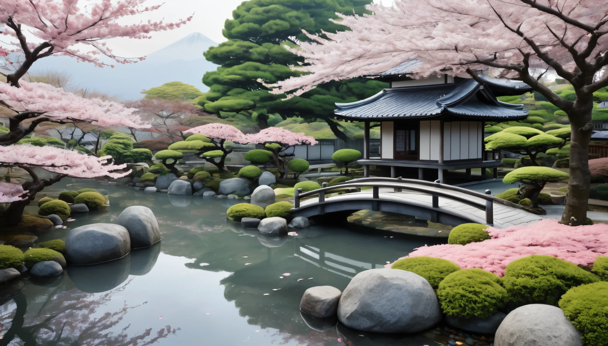 Create a serene and enchanting scene in the Yukio art style. Imagine a tranquil Japanese garden at twilight, where cherry blossom trees are in full bloom, their petals gently falling and creating a pink carpet on the ground. A winding stone path leads to a traditional tea house illuminated by soft lantern light, casting a warm, inviting glow. In the background, a majestic Mount Fuji rises, shrouded in mist, adding a sense of grandeur and tranquility. The garden features a koi pond with vividly colored fish swimming gracefully, their reflections rippling on the water's surface. The colors should be soft and harmonious, with delicate brushstrokes capturing the essence of nature's beauty and tranquility. The entire scene should evoke a sense of peace and timeless elegance, immersing viewers in the serene atmosphere of a traditional Japanese setting.