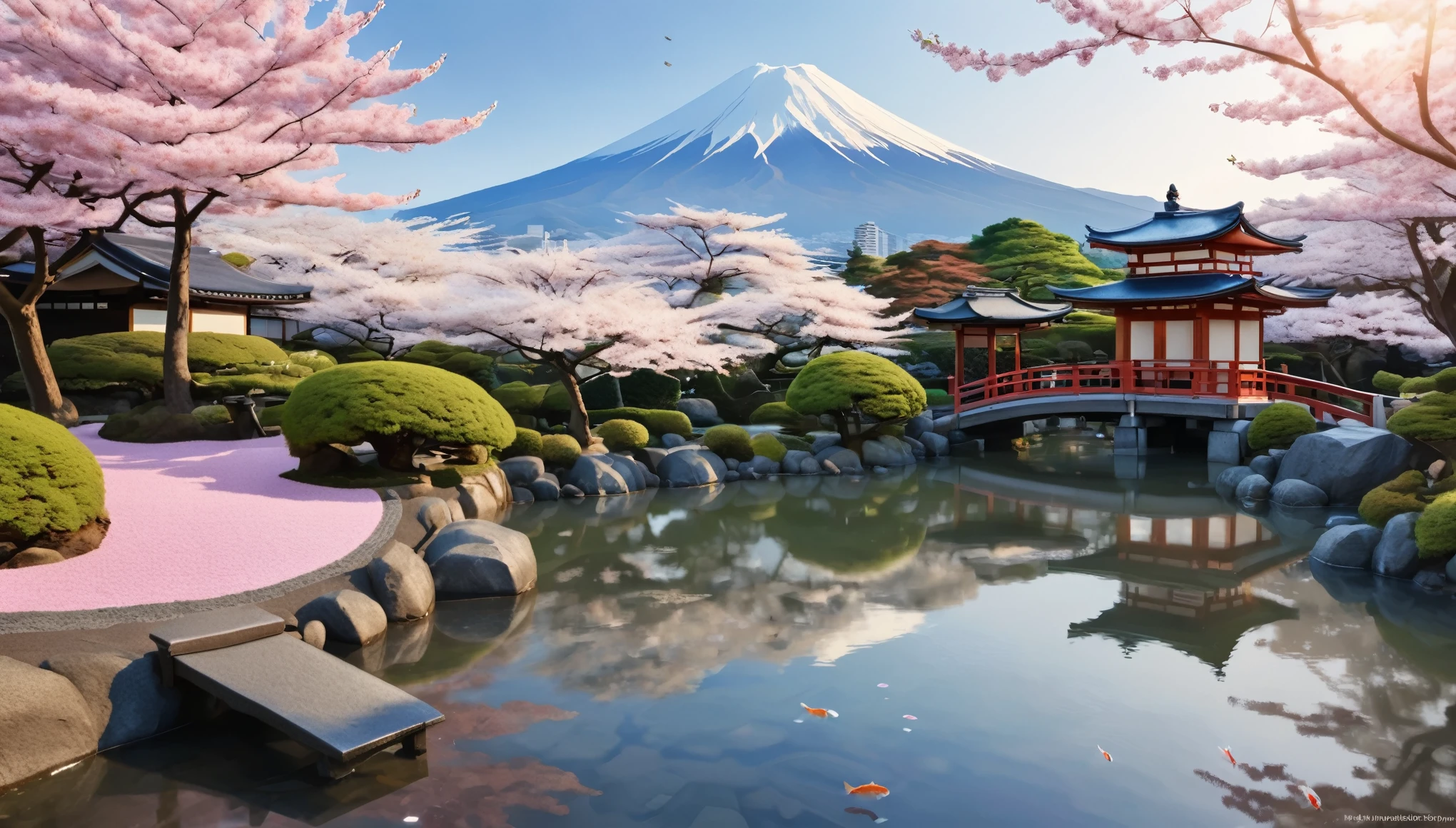 Create a serene and enchanting scene in the Yukio art style. Imagine a tranquil Japanese garden at twilight, where cherry blossom trees are in full bloom, their petals gently falling and creating a pink carpet on the ground. A winding stone path leads to a traditional tea house illuminated by soft lantern light, casting a warm, inviting glow. In the background, a majestic Mount Fuji rises, shrouded in mist, adding a sense of grandeur and tranquility. The garden features a koi pond with vividly colored fish swimming gracefully, their reflections rippling on the water's surface. The colors should be soft and harmonious, with delicate brushstrokes capturing the essence of nature's beauty and tranquility. The entire scene should evoke a sense of peace and timeless elegance, immersing viewers in the serene atmosphere of a traditional Japanese setting.