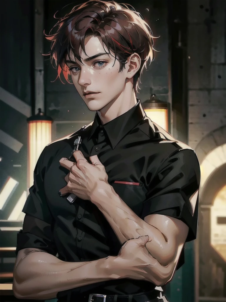 a 40 year old man with red short hair, grey eyes, moles all over the face, wearing an official uniform, masculine, teacher, best quality, 8k, highres, masterpiece, ultra-detailed, realistic, photorealistic, studio lighting, extreme detail description, professional, vivid colors