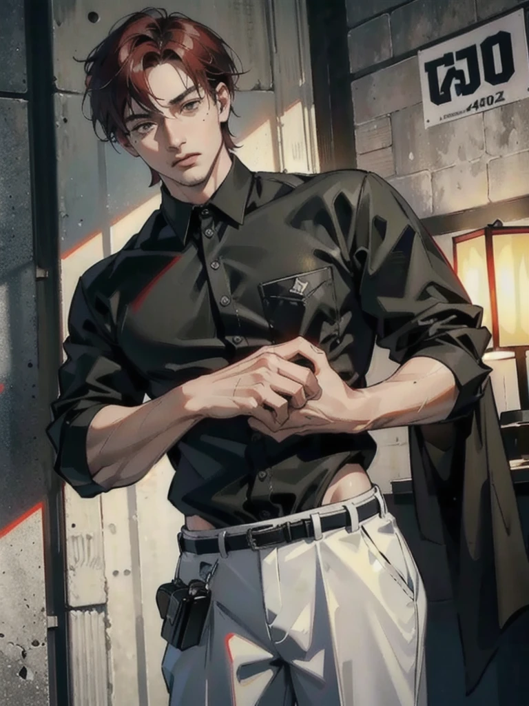 a 40 year old man with red short hair, grey eyes, moles all over the face, wearing an official uniform, masculine, teacher, best quality, 8k, highres, masterpiece, ultra-detailed, realistic, photorealistic, studio lighting, extreme detail description, professional, vivid colors