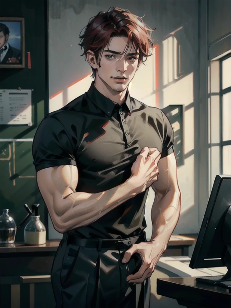 a 40 year old man with red short hair, grey eyes, moles all over the face, wearing an official uniform, masculine, teacher, best quality, 8k, highres, masterpiece, ultra-detailed, realistic, photorealistic, studio lighting, extreme detail description, professional, vivid colors