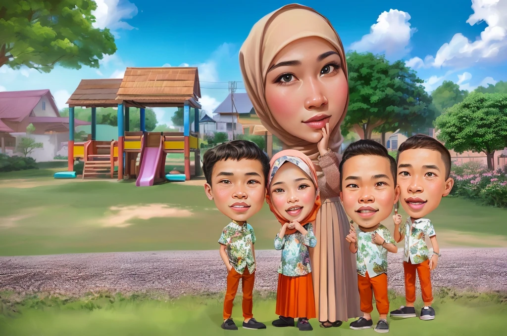 cartoon of a family of four standing in front of a playground, Woman wearing hijab,And wear a long skirt, caricature illustration, in cartoon style, caricature style, digital art cartoon, potrait, cartoon digital art, cartoon digital painting, cartoon portrait, realism artstyle, realistic cartoon, cartoon artstyle, an indonesian family portrait, charicature, cartoon art, cartoon style illustration, ren, by Abidin Dino