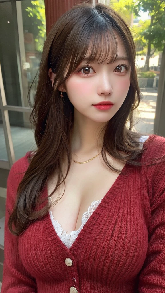 masutepiece, Best Quality, Illustration, Ultra-detailed, finedetail, hight resolution, 8K Wallpaper, Perfect dynamic composition, Beautiful detailed eyes, Natural lips, Red knitted dress , Big breasts, cleavage