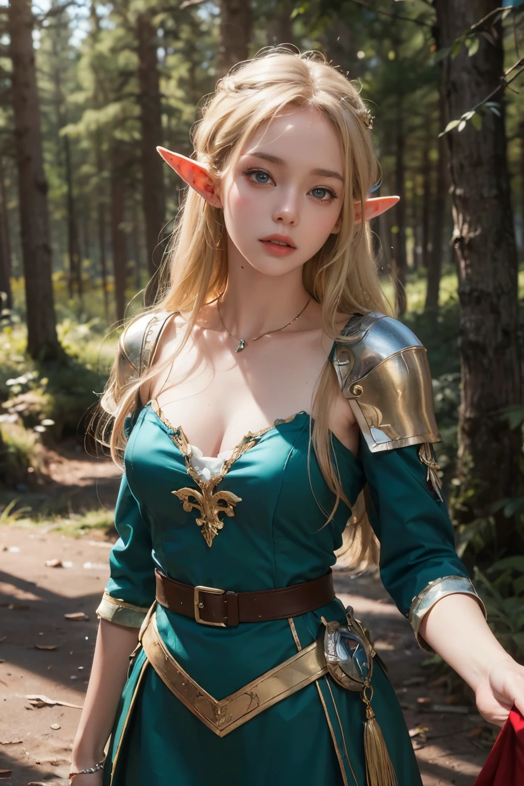 Elf,(8k, RAW Photos, highest quality, masterpiece:1.2),Super detailed,blonde,blue eyes,RPG,princess,battledress,moving,in forest