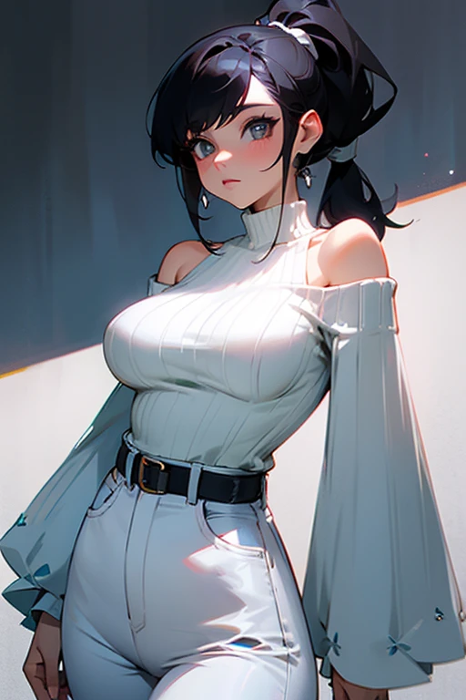 1 female,Black Hair,ponytail,White off-shoulder knit,Skinny jeans,big breasts
