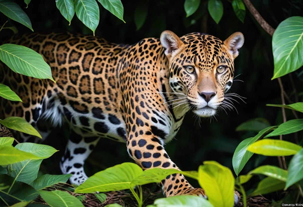 The photo was taken by Canon EOS R5 with a Canon RF 100-500mm F4.5-7.1L IS USM lens and parameters 500 mm, 1/1250 sec., f/7.1, ISO 5000, in the dark thicket of the Amazon jungle, a jaguar sneaks through the foliage of a shrub, the jaguar closely monitors invisible prey and sneaks up to it, the photo transmits the entire depth of the jungle volume and clearly shows the jaguar