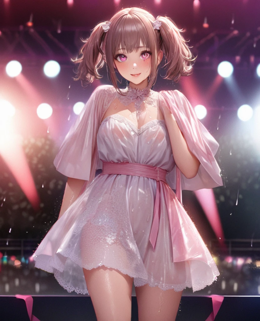 One Girl、Looking at the audience、lovely,
Beautiful pink eyes、Two brown double hair buns , Mole under the eye、Plump and glossy lips、Heart-shaped choca、Idol、Her name is May,smile、ー、。.。.。.。.。.。.。.。.。.。.。.。.。.。.。.。.。.。.3D、Realistic、
The idol's costume was soaked in the heavy rain, and her chest was wet and transparent.Heavy rain at outdoor concert, Drape clothes、gem、The decoration has been removed、Floral、Lace trim,On a glittering stage、
masterpiece、highest quality、8k、Detailed skin texture、Detailed cloth texture、Beautifully detailed face、Intricate details、Very detailed、
超A high resolution、8k Ultra HD、Film Grain、Best Shadow、delicate、Gazing at the audience、front