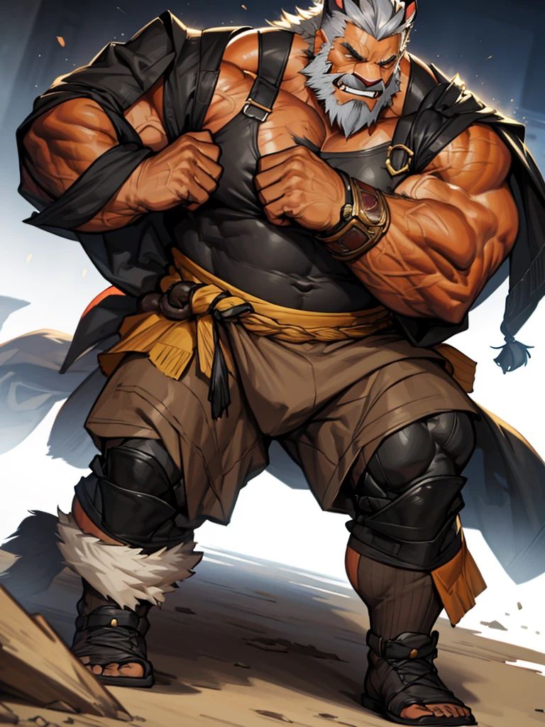 A burly, virile, and hairy werewolf, exuding the irresistible charm of a himbo muscle daddy. His middle-aged features, adorned by a long, bushy beard and a thick mustache, reveal a life of experience and adventure. His body, sculpted into a warrior's build and a bodybuilder's physique, is a testament to his unyielding dedication to physical fitness. The hair on his chest and belly forms a carpet of thick fur, while his hairy arms and legs are adorned with a natural, untamed layer of hirsute. Every muscle on his overmuscular and musclebound frame is defined and bulging, veins pulsing beneath the surface, hinting at his incredible strength. Despite his advanced age, his grey hair only adds to his handsome and dreamy appearance.