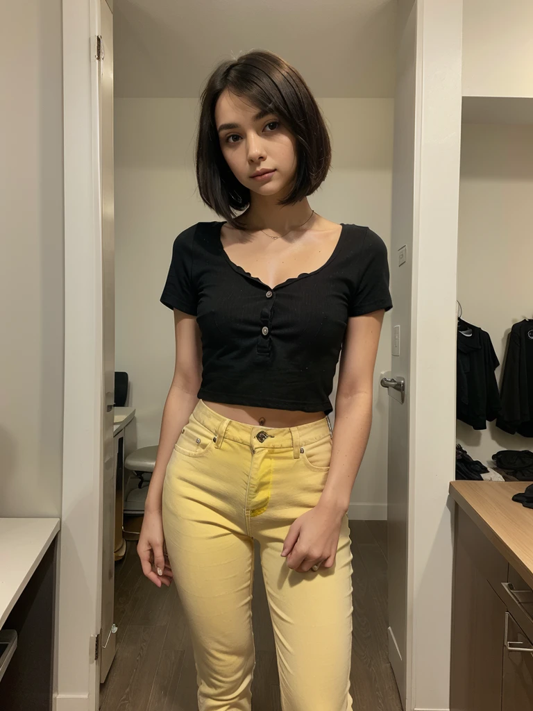 A full body photo of an 25 years old woman with short black straight hair, side part Bob haircut without fringe, side parted hairstyle, black eyes small, upturned nose, slender body, small breasts, wearing a short sleeve yellow blouse with buttons on the front and thight blue jeans
