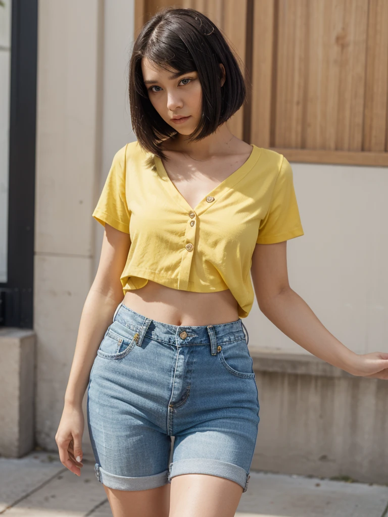 A full body photo of an 25 years old woman with short black straight hair, side part Bob haircut without fringe, side parted hairstyle, black eyes small, upturned nose, slender body, small breasts, wearing a short sleeve yellow blouse with buttons on the front and thight blue jeans