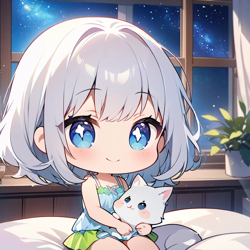 masterpiece、Highest quality、Depth of subject、2D illustration、1 beautiful girl、solo, (((chibi style)))、cute chibi, lovely chibi, ((night)), ((window)), ((starry sky)), Long, beautiful hair、Shiny silver hair、cute、Beautifully detailed eyes、((mini skirt))、((colorful))、Camisole dress、((happy smile))、sitting on bed, ((close up shot))、((Holding a kitten)), ((in the room))、((There's a lot of pink around))、((bed))、Thighs、((vivid color))、sparkle、((Lens flare))、