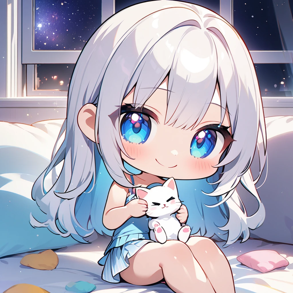 masterpiece、Highest quality、Depth of subject、2D illustration、1 beautiful girl、solo, (((chibi style)))、cute chibi, lovely chibi, ((night)), ((window)), ((starry sky)), Long, beautiful hair、Shiny silver hair、cute、Beautifully detailed eyes、((mini skirt))、((colorful))、Camisole dress、((happy smile))、sitting on bed, ((close up shot))、((Holding a kitten)), ((in the room))、((There's a lot of pink around))、((bed))、Thighs、((vivid color))、sparkle、((Lens flare))、