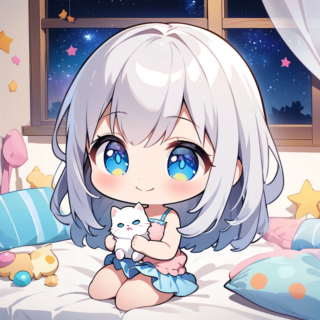 masterpiece、Highest quality、Depth of subject、２D illustration、1 beautiful girl、solo, (((chibi style)))、cute chibi, lovely chibi, ((night)), ((window)), ((starry sky)), Long, beautiful hair、Shiny silver hair、cute、Beautifully detailed eyes、((mini skirt))、((colorful))、Camisole dress、((happy smile))、sitting on bed, ((close up shot))、((Holding a kitten)), ((in the room))、((There&#39;s a lot of pink around))、((bed))、Thighs、((vivid color))、sparkle、((Lens flare))、