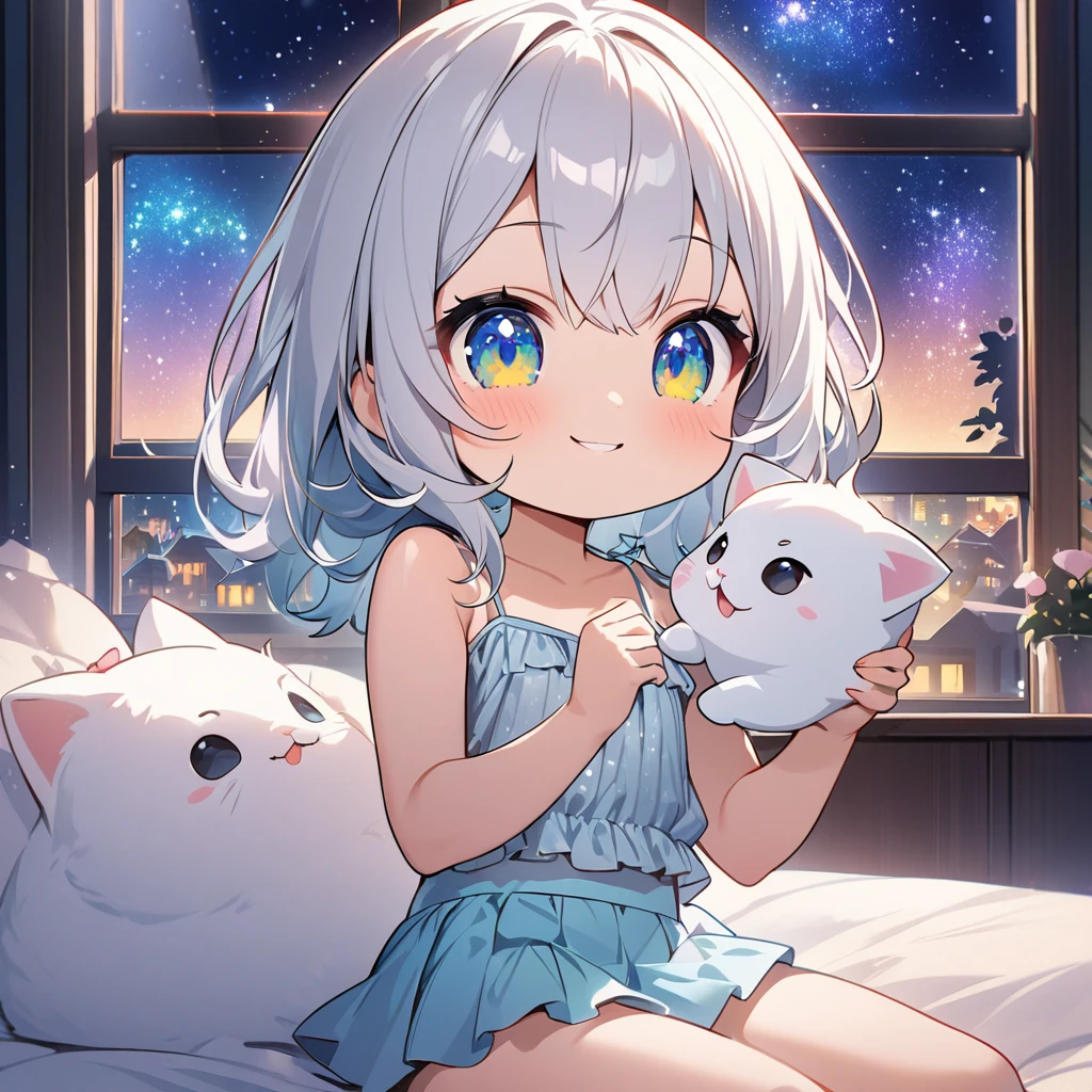 masterpiece、Highest quality、Depth of subject、２D illustration、1 beautiful girl、solo, (((chibi style)))、cute chibi, lovely chibi, ((night)), ((window)), ((starry sky)), Long, beautiful hair、Shiny silver hair、cute、Beautifully detailed eyes、((mini skirt))、((colorful))、Camisole dress、((happy smile))、sitting on bed, ((close up shot))、((Holding a kitten)), ((in the room))、((There&#39;s a lot of pink around))、((bed))、Thighs、((vivid color))、sparkle、((Lens flare))、