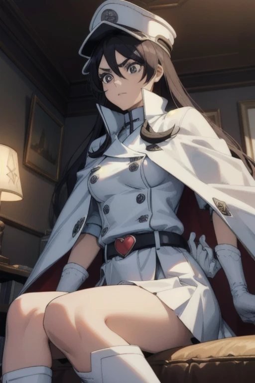 bambietta, bambietta basterbine, long hair, black hair, (black eyes:1.5), (medium breast:1.2),
BREAK skirt, gloves, boots, belt, cape, cloak, white cloak, hat, cap,sitting, couches, living room, (masterpiece:1.2), best quality, high resolution, unity 8k wallpaper, (illustration:0.8), (beautiful detailed eyes:1.6), extremely detailed face, perfect lighting, extremely detailed CG, (perfect hands, perfect anatomy),