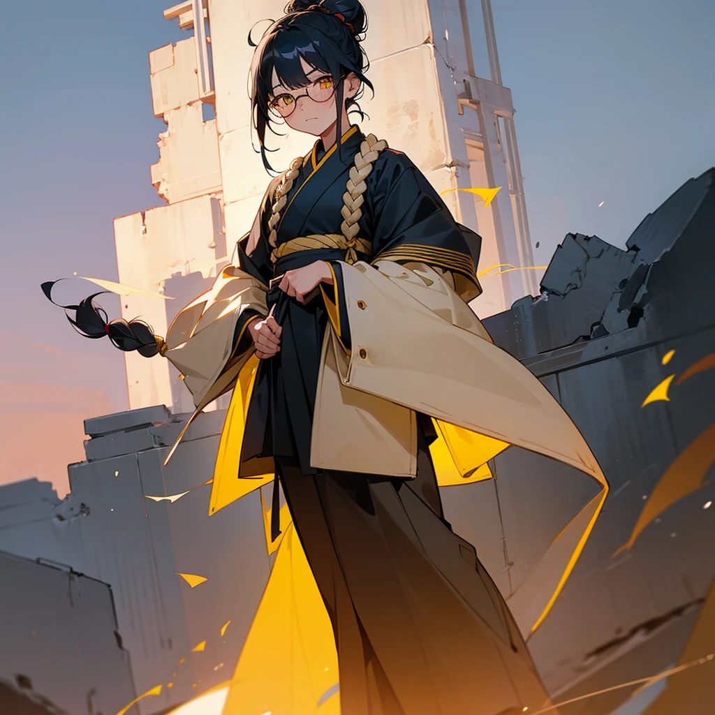 1female, young adult, tan skin, finely detailed yellow eyes, braided bun, black hair, korean navy uniform, standing on ruined building, night time, serious expression, blushing, glasses