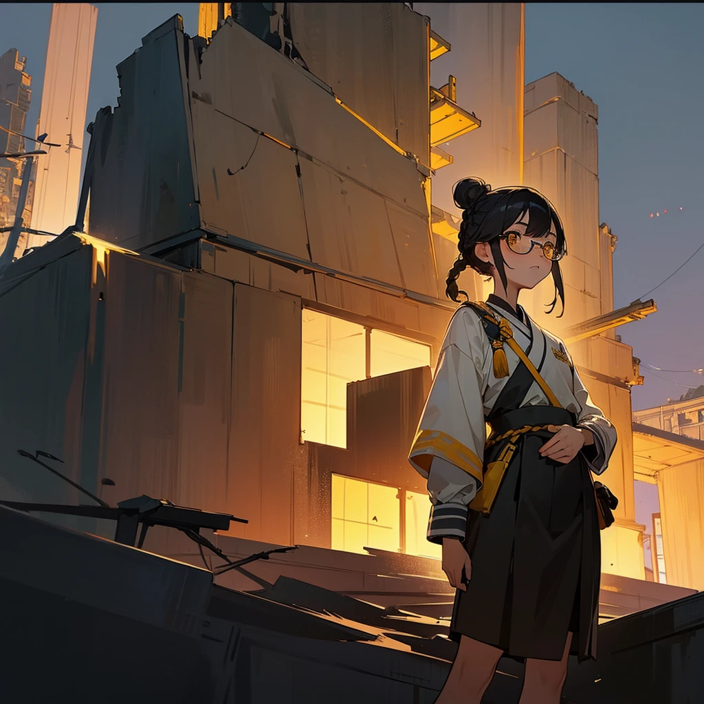 1female, young adult, tan skin, finely detailed yellow eyes, braided bun, black hair, korean navy uniform, standing on ruined building, night time, serious expression, blushing, glasses
