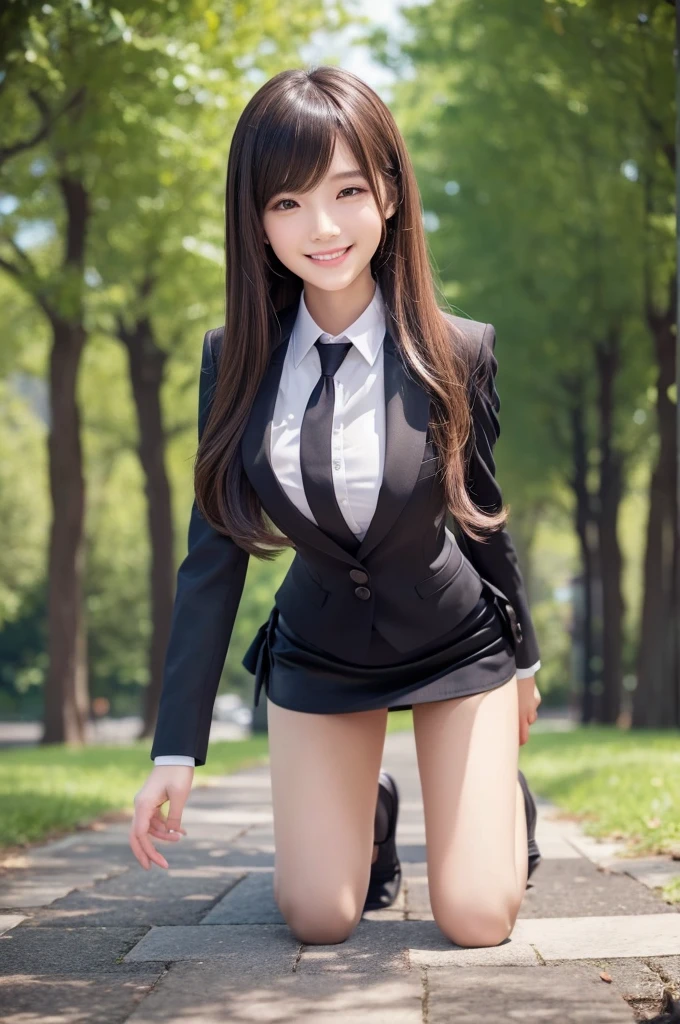 masterpiece、Highest quality、Very detailed、An illustration、Beautiful details、One Girl、cute、Detailed landscape、Library Background、Beautiful Hairstyles、Perfect Anatomy:1.4,4K resolution,((In a suit)),Smiling,(Ultra-realistic), (最高のAn illustration), (Increase the resolution), (8k), (masterpiece), 1 girl, ((The front hair is up)), Slender body, Smile,(Slender girl),(Slim girl),Virtual Girl Lynn,On all fours,((Tight mini skirt)),Butt