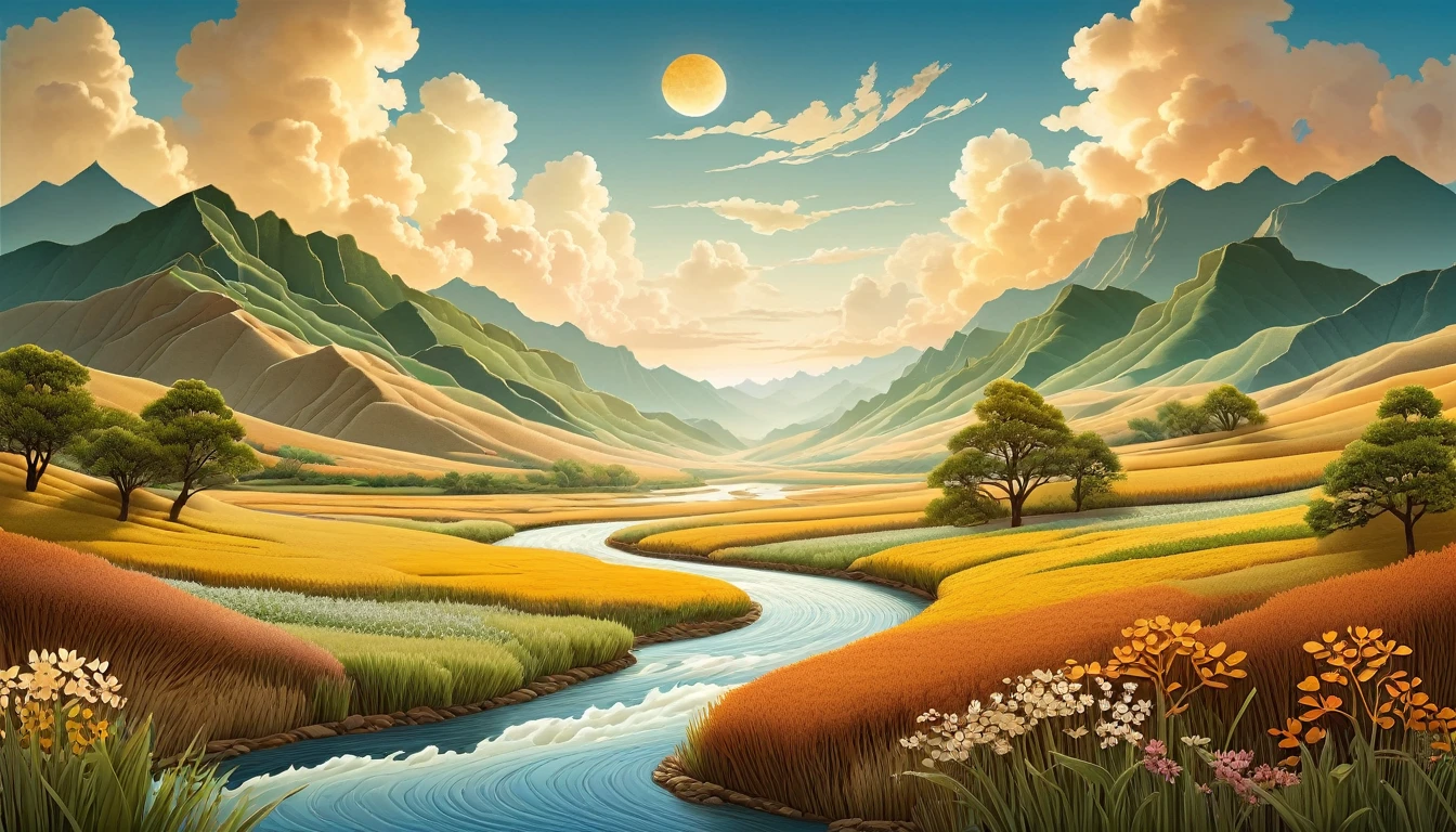 paper_cut,Natural and organic depictions of river,Sky and steppe,Kelsang flowers,Clouds,Big wind,Features earth tones and botanical motifs,Withdraw connections to nature and the environment,Influenced by botanical illustrations or environmental art,softlighting,(warm color:1.15),best quality exquisite details,3D rendering of