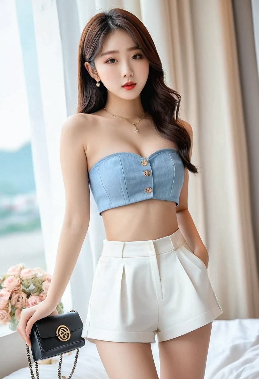 ((Best resolution)), ((high quality:1.2)), Work of art, 8k, extremely detailed, ((High detail:1.2)), (HotLexi woman), Solo, 24 years old Korean female, (mini-shorts, crop strapless), (beautiful defined square model face:1.23),