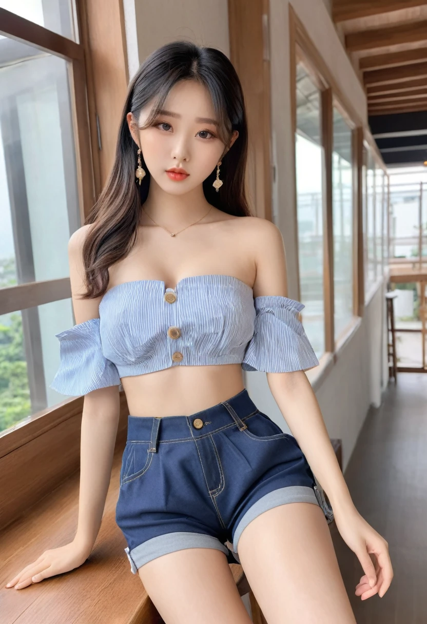 ((Best high quality:1.2)), Work of art, (8k), extremely detailed, ((High detail:1.2)), Solo, 24 year old Korean Ulzzang female, (crop strapless, 
mini-shorts), (large round breasts),