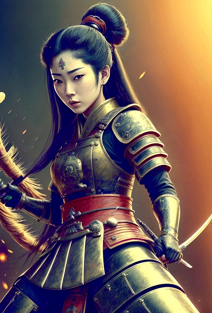 a picture of Japanese female samurai, she has long black hair, wearing samurai armor, armed with a katana, ready for battle, dynamic angle,, Japanese fantasy art, (Masterpiece: 1.5), 16k, highres, best quality, high details, ultra detailed, masterpiece, best quality, (extremely detailed), arafed, dnd art, JapaneseKatana, wtrcolor style
