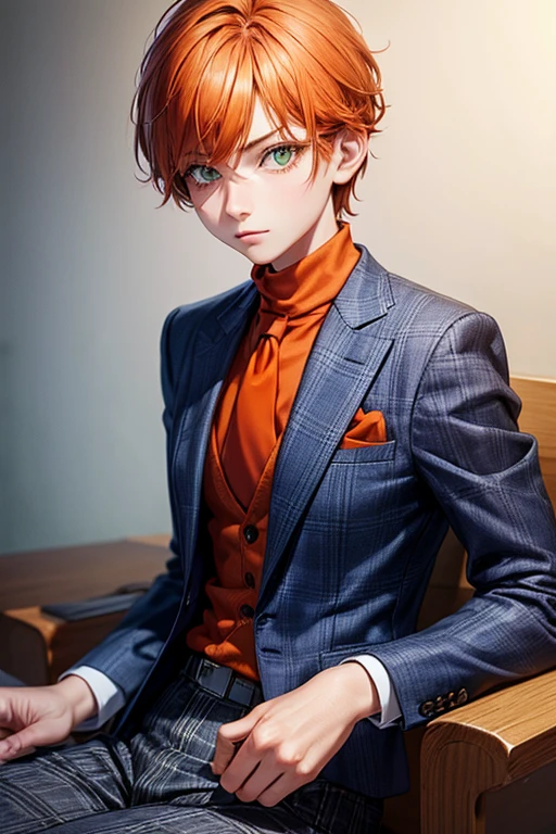 realistic drawing, girl disguised as a boy, orange hair, green eyes, blue blazer , turtleneck blouse, red tie, gray plaid pants.