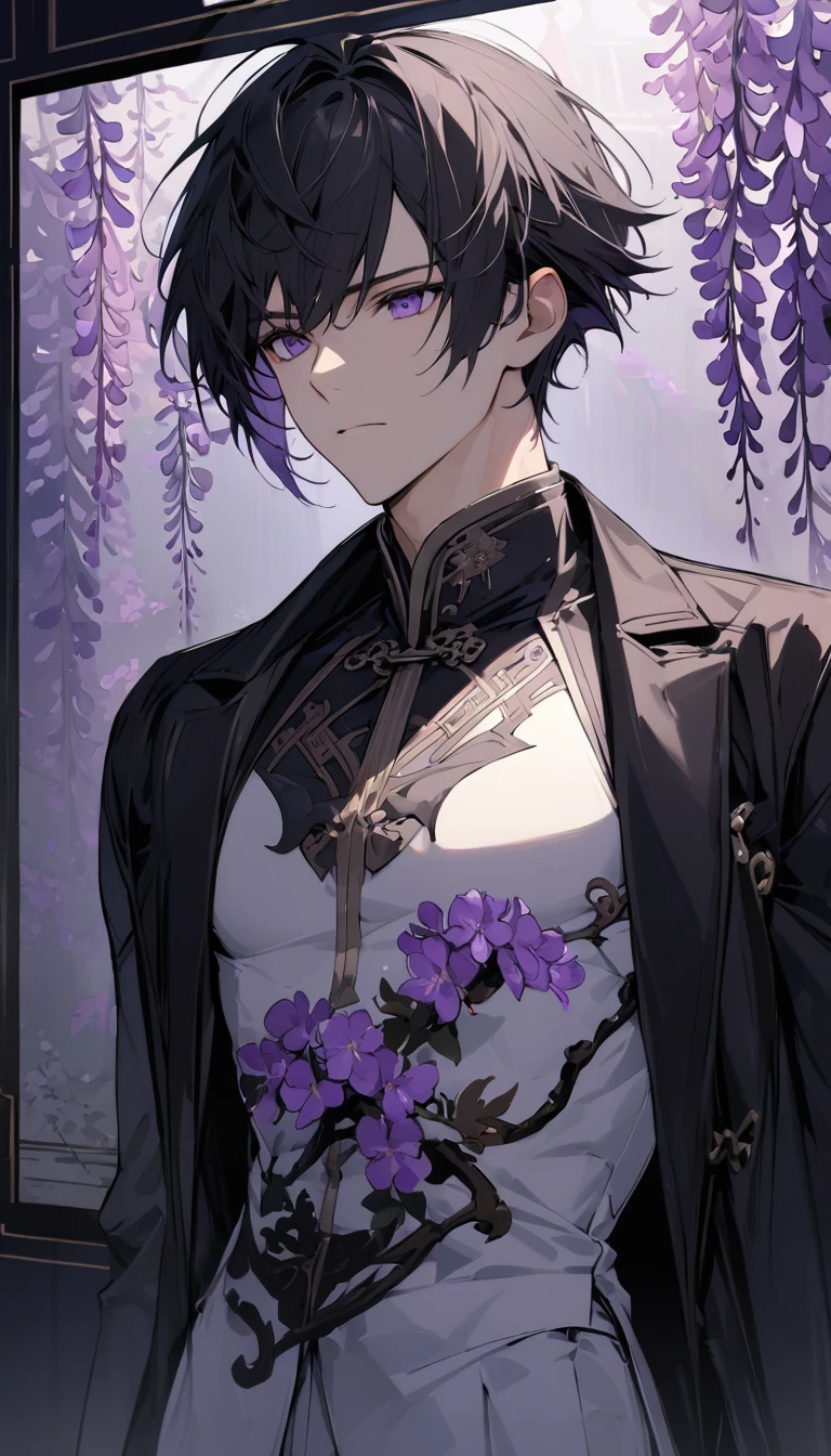 (masterpiece:1.5)，best quality，(1 Handsome and calm man)，alone，black short hair，(purple eyes), (soft expression)，perfect face，Fantasy Chinese style，Long black trench coat，white and purple cloth，Complex clothing design with Chinese elements，Black leather gloves，white lining，White suit pants，Slightly muscular body，High，8K，Beautiful contrast of light and shadow，purple flowers，Wisteria flowers，(complete upper body)，Positive face，((luxury screen))，Chinese style palace background