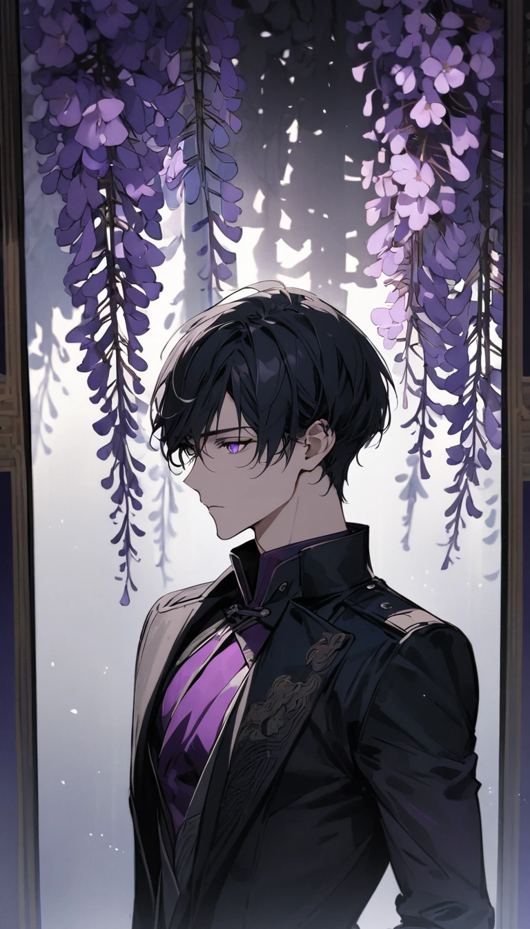 (masterpiece:1.5),best quality,(1 Handsome and calm man),alone,black short hair,(purple eyes), (soft expression),perfect face,Fantasy Chinese style,Long black trench coat,white and purple cloth,Complex clothing design with Chinese elements,Black leather gloves,white lining,White suit pants,Slightly muscular body,High,8K,Beautiful contrast of light and shadow,purple flowers,Wisteria flowers,(complete upper body),Positive face,((luxury screen)),Chinese style palace background