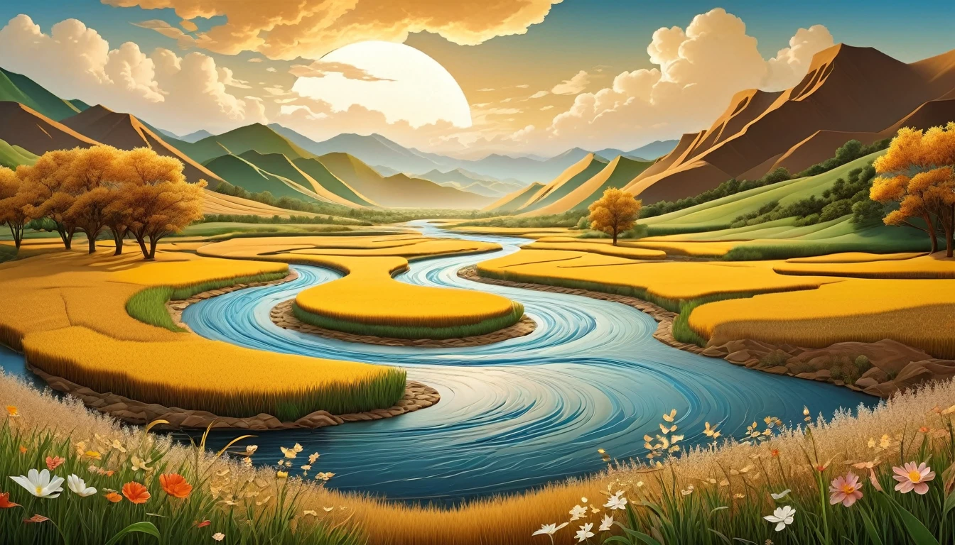 paper_cut，Natural and organic depictions of river，Sky and steppe，Kelsang flowers，Clouds，Big wind，Features earth tones and botanical motifs，Withdraw connections to nature and the environment，Influenced by botanical illustrations or environmental art，softlighting,(warm color:1.15),best quality exquisite details,3D rendering of