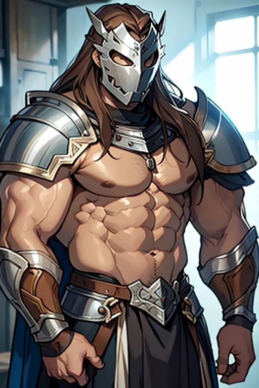Muscular man long brown hair silver armor mask bare chested silver knight armor 