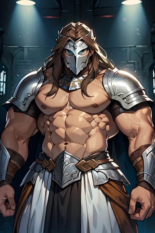 Muscular man long brown hair silver armor mask bare chested silver knight armor