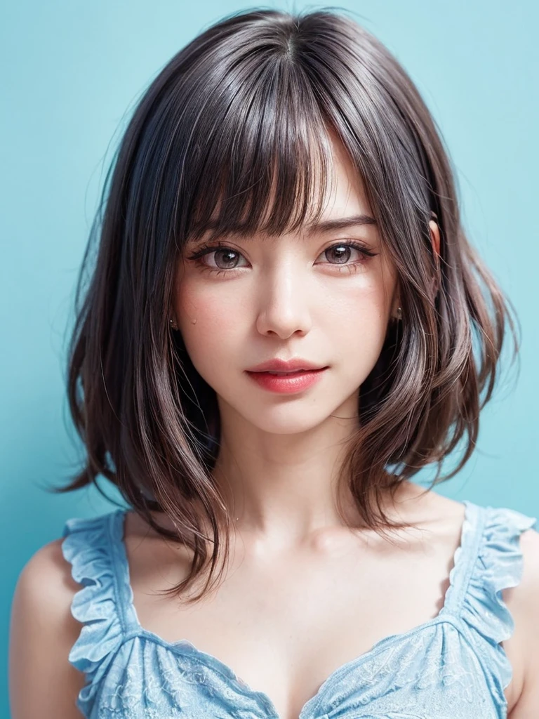 (SFW:1.8、masterpiece, Highest quality),1 Girl, alone, hyper Realistic, Realistic,Realistic, Looking at the audience, Light brown eyes:1.4,短めのBrunette Short Bob Hair:1.6、Highly detailed shiny hair:1.5, Very delicate and beautiful、Brightly colored off-the-shoulder dresses.:1.4, See-through outfit、Lepangas:1.4), Mouth closed, Upper Body、Big breasts eye、eyelash、whole :2,(((Add highlights to the eyes:1.4、Big Eyes、Short Bob Hair、Glowing Skin:1.4、Looking at the audience、She is very 美しい and cute、Show me your ears、Beautiful long neck、smile、Close your mouth and smile、bangsと美しい歯)))、Ideal body type、((Beautiful blue background:2、Simple blank blue landscape:2、Very simple blue background:2))、Beautiful long neck:1.4、、(((Portraiture:2、Face close-up:2、Face close-up:2)))、Perfect Anatomy、((bangs:2))