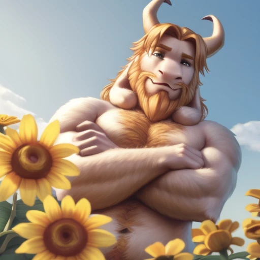 asgore, no clothes, no topwear, no bottomwear, nude, naked, hyper muscular, (soft shading), 4k, hi res, five fingers, detailed hands, ((detailed face, (detailed eyes:1.0), detailed)), (worm angle view), by zackarry911, by zaush, (by personalami:0.5), male focus, no humans, flower field, flower, smile, crossed arms, ((well endowed))