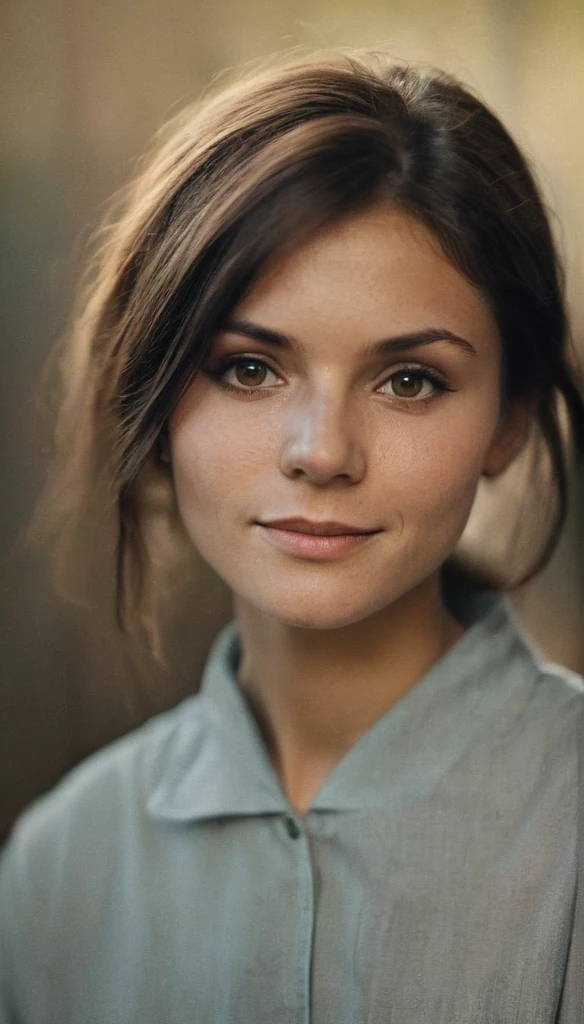 An analog photo of a woman with translucent Hgrande colors. 1963 50mm vintage beautiful photo, morning light, Kodak Camera, soft focus, hq, warm light, muted colors, cozy, atmospheric, sinister, High fidelity.  8k, hq, render, Hyperrealism, cinestill distance light, nina dobrev, looking at the camera, Moody, on Film grain, lens flare, Leica M9, f/1.2, 1/30, ISO 200, 1/250s, f/8, symmetrical balance, in-frame, elegant, highly detailed, subtle smiling, sharp focus, art add mass of colours