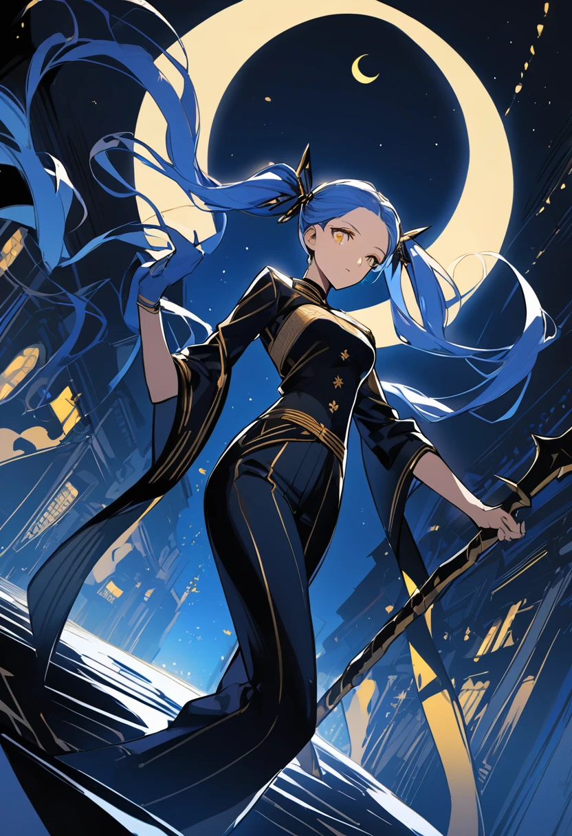 (One very tall, good looking woman,Navy Blue Hair,Her hairstyle is twin tails that expose her forehead., yellow eyes,Medium chest,Dynamic Angle)Thick Black1Color ,Black trousers,The woman is carrying a spear in one hand.,Crescent Moon Night