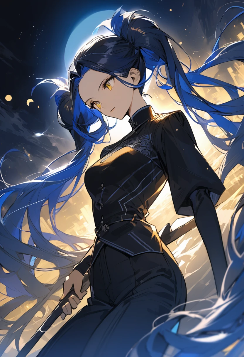 (One very tall, good looking woman,Navy Blue Hair,Her hairstyle is twin tails that expose her forehead., yellow eyes,Medium chest,Dynamic Angle)Thick Black1Color ,Black trousers,The woman is carrying a spear in one hand.,Crescent Moon Night