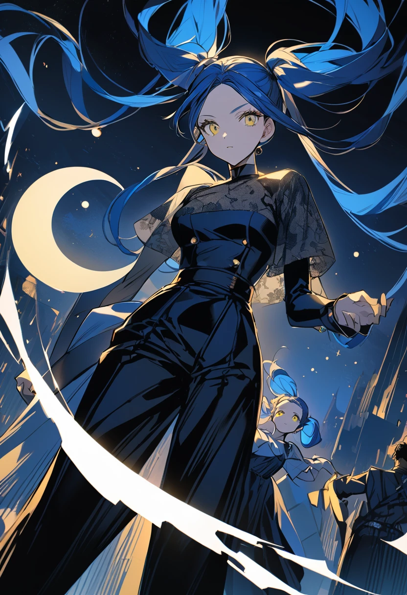(One very tall, good looking woman,Navy Blue Hair,Her hairstyle is twin tails that expose her forehead., yellow eyes,Medium chest,Dynamic Angle)Thick Black1Color ,Black trousers,The woman is carrying a spear in one hand.,Crescent Moon Night